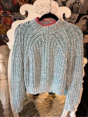 Wilfred Light Blue and White Marled Crewneck Sweater with Pink Trim